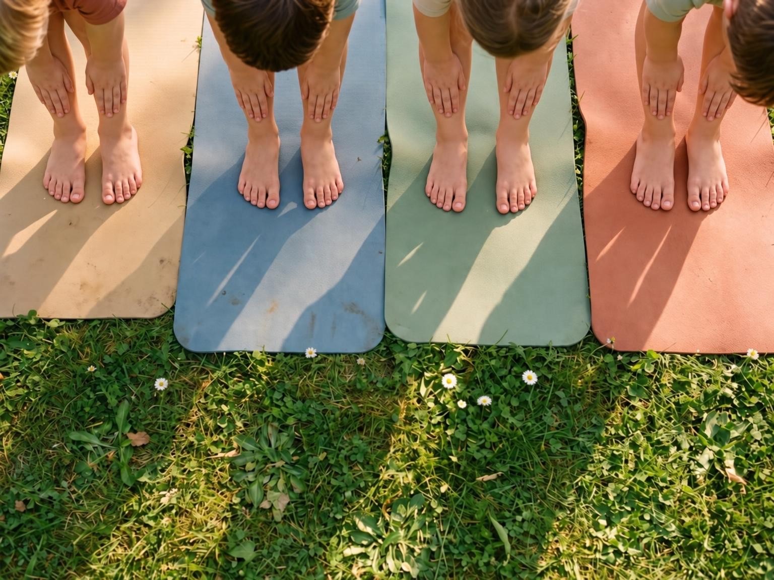 Kinder beim Yoga auf bunten Matten im Garten