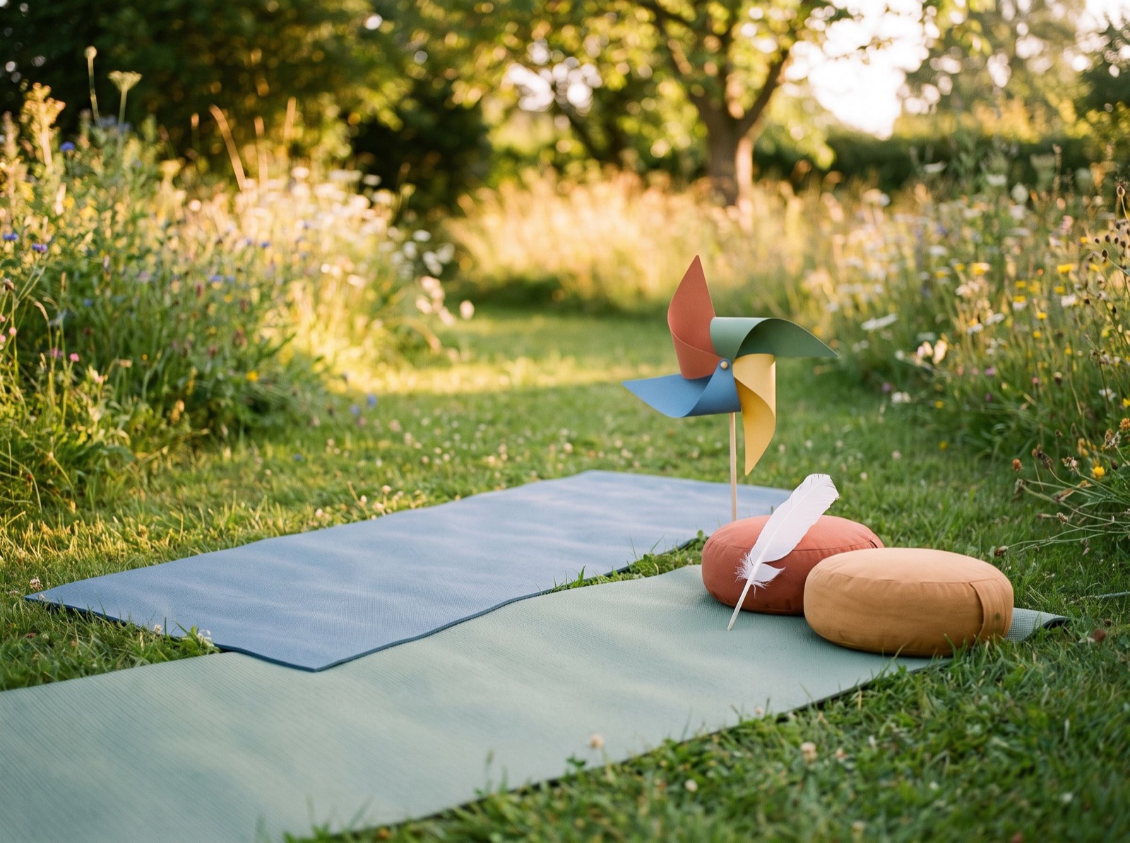 Zwei Yogamatten im Garten mit Sitzkissen, Windrad und Feder
