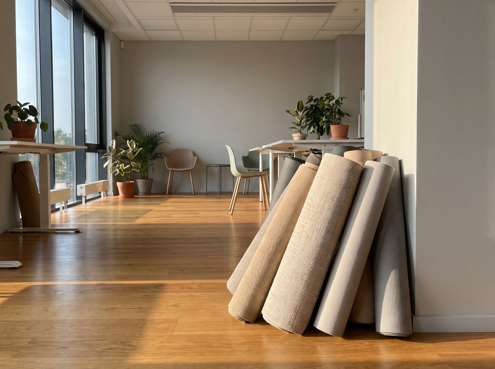 Zusammengerollte Yogamatten in einem hellen Büro