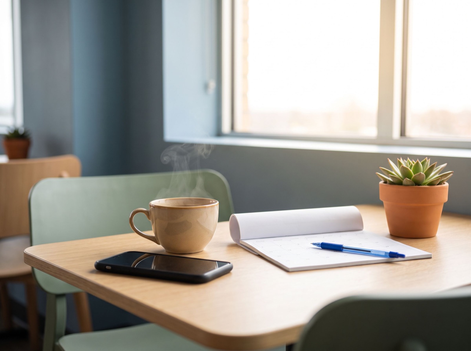 Tisch am Fenster mit Teetasse, Telefon und Kalender