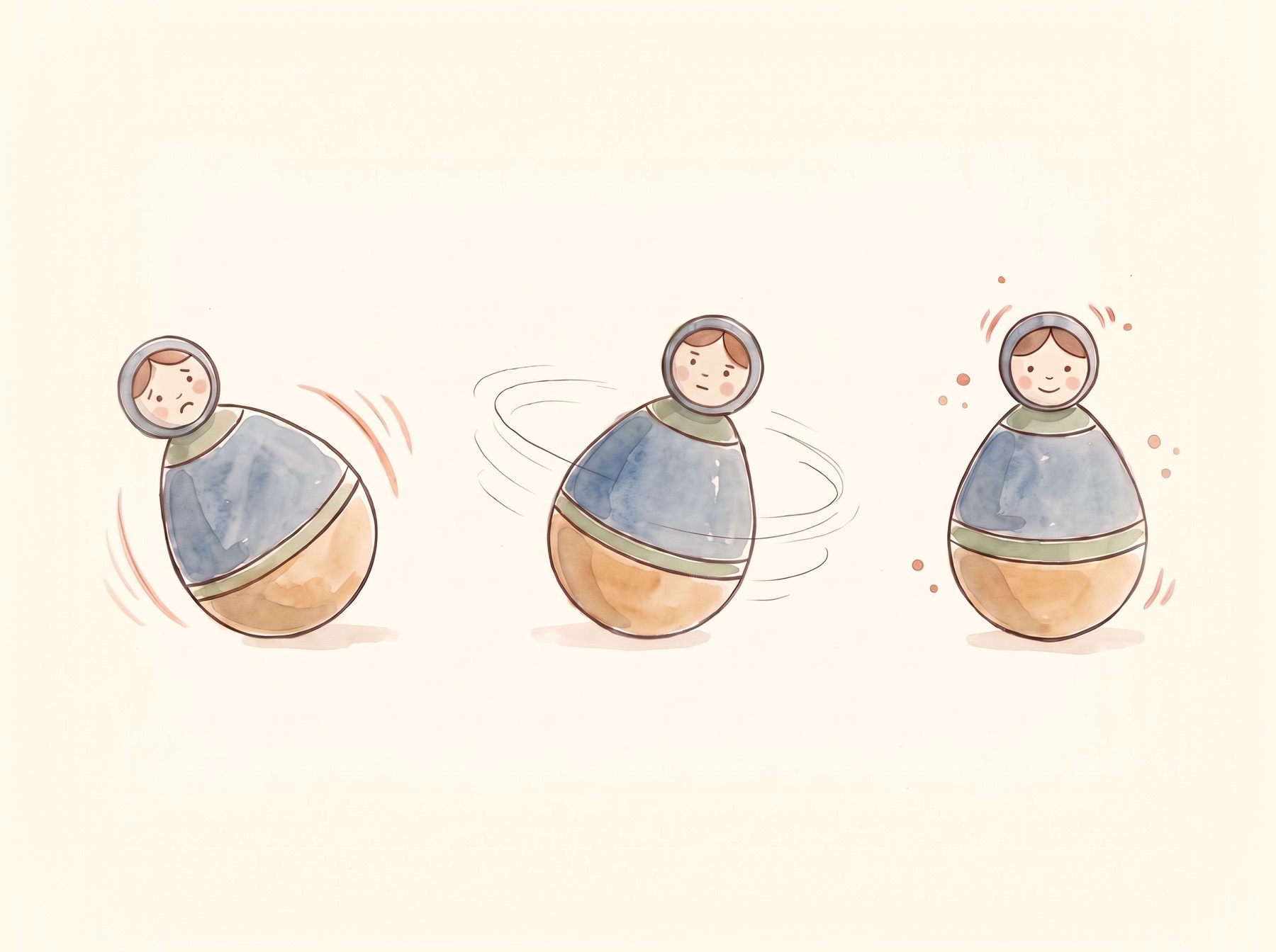 Aquarell eines Stehaufmännchens in drei Phasen: geneigt und besorgt, wippend, wieder aufrecht und zufrieden