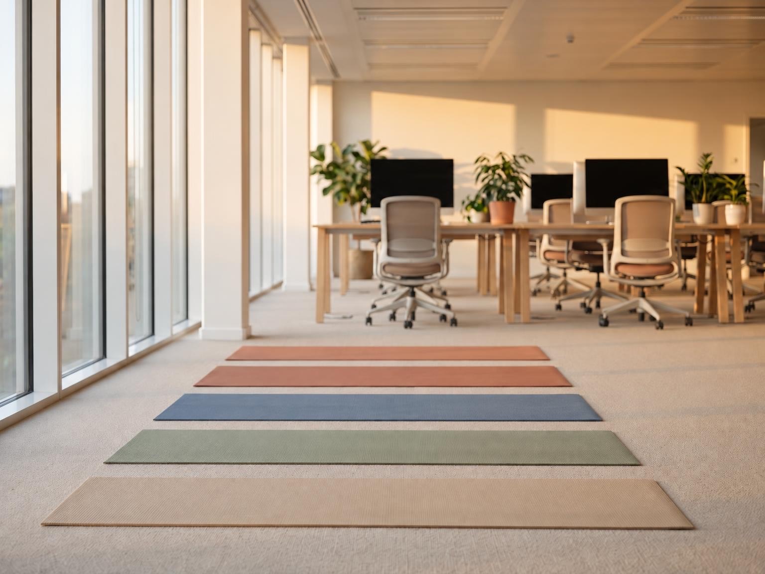Flach ausgelegte Yogamatten in einer Reihe in einem hellen Büro